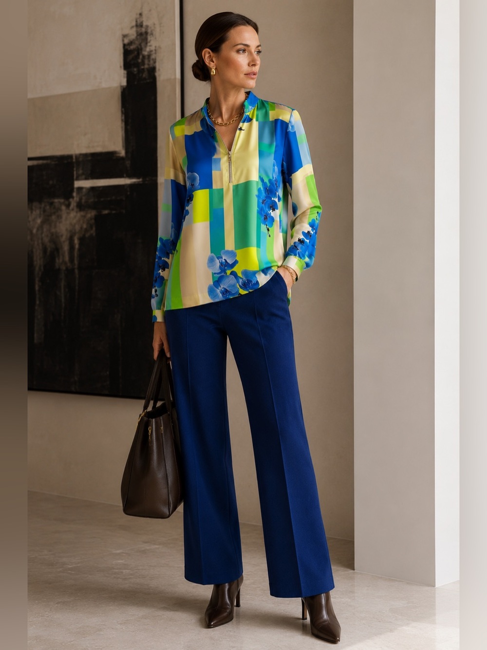 $1360 PHILIPP PLEIN FLORAL COLORBLOCK HALF ZIP TUNIC TOP GERMAN 46 / US SZ XXL